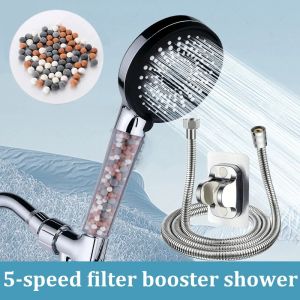 5-speed Adjustment Bathroom Handheld Filter Booster Shower Head Negative Ion Hard Water Softening Shower Set