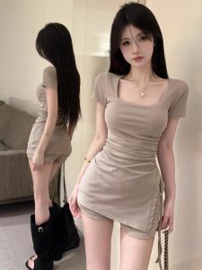 GUZILIAN | Korean Style Fashionable Unique Design Versatile Square Collar Chest Pad Short Sleeve Womens T-shirt Dress Bottoms Two-Piece Set