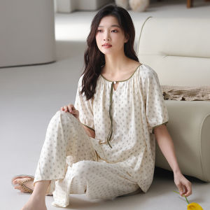 Bộ đồ ngủ MiiOW nữ làm bằng lụa cotton tay ngắn in họa tiết hoa cổ tròn thoáng khí