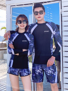 Couple Swimwear Womens Trousers Long Sleeves Separates Sunscreen Cover Belly Slim Looking Plus Size Diving Snorkeling Suit Quick-Drying Hot Spring Swimsuit