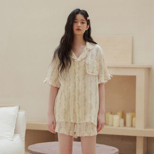 Pure Cotton Sleepwear Set for Girls Class a Home Clothes Sweet Style Floral Print Short Sleeve Nightgown with Ruffle Collar