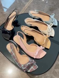 French Style Square Toe Bow Decorated Back Open Sandals 5.5cm Heel