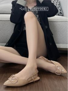 French Style Chunky Heel Sandals Womens Open Toe Flat Bottom Metal Buckle Strap Slip-On Summer New Pointed Toe Flat Heels