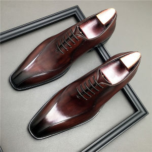 Business Formal Mens Leather Shoes British Pointed-Toe Authentic Leather Handmade Plus Size Work High-End Bridegroom Cowhide Oxford Shoes Fashion