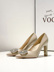 รองเท้าส้นสูงหัวแหลมแบบสวมหัวเปิดหนัง PU สีเปลือกนิ้วมือสไตล์เกาหลีสำหรับผู้หญิงในช่วงฤดูร้อนปี 2023