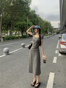 Summer Short Sleeve A-Line Dress Womens Slim Fit Square Collar Korean Style Commute Fashion plus Size Long Dress Hot Girl