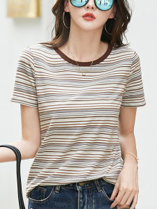Pure Cotton Striped T-Shirt Womens Short Sleeve Loose Belly Covering Top Fashionable Korean Style round Neck Half Sleeve Shirt