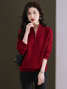 Red Knitted Zipper Neck Sweater Fashionable Autumn Winter Warm Thickened Half High Collar Base Shirt Commute Style Polyester Fiber