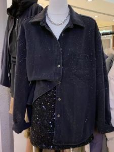 Retro American Starry Sky เดนิม เสื้อ ผู้หญิง ฤดูใบไม้ผลิ ฤดูใบไม้ร่วง หลวม สีดำ เสื้อแจ็คเก็ต ปกเสื้อ แจ๊กเก็ต ทันสมัย ท่อตรง