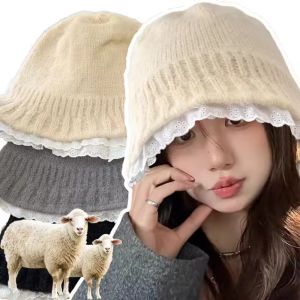 Topi Bucket ถักลูกไม้มีระบายแฟชั่นผู้หญิงหมวกขนสัตว์หญิงฤดูหนาวอบอุ่นหมวกชาวประมงเกาหลีหมวกเครื่องป้องกันหูหวาน