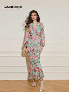 Spring Summer New Floral Wind V-Neck Fishtail Waist Dress