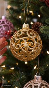 6Pcs 6cm Gold Glitter Christmas Ball Ornaments Lightweight Sparkling Hollow Baubles Christmas Decorations for Xmas Tree Home Holiday Party Hanging Decor