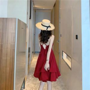 French Red Off-Shoulder Ruffle Halter Dress Women Summer Vacation Beachside Skirt High Waist A-Line Skirt Deep V-Neck Line