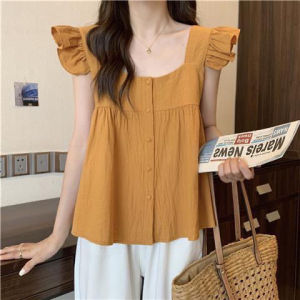 French Style Square Collar Sleeveless Doll Shirt Womens Summer New Design Sweet Lace Trimmed Short Length Pure Color Top