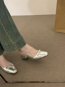 XUJIA | Dép Sandal Gót Dày Phong Cách Pháp Màu Bạc 1 Đôi
