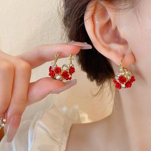 Red Rose Drop Earrings for Elegant Women Exquisite Shining Design