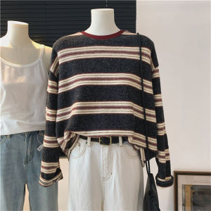 Retro American Rabbit Velvet Striped Long Sleeve T-Shirt Womens Autumn Winter Thickened Fleece Lined Loose Versatile Brushed Top