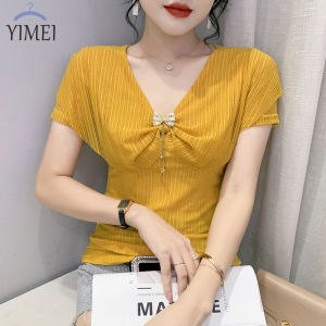 YIMEI Fashion Temperament Ruffle Top 2024 Summer New Slim Slim V-neck Shirt Design Sense Short Sleeve Mesh Top