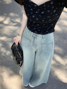 ขากว้างสีฟ้าอ่อน เดนิม กางเกงยีนส์ ผู้หญิง ฤดูร้อน พลัสไซส์ หลวม ผ้าม่าน พรางหุ่น สูง เอว ตรง กางเกงขายาว