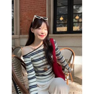 Slim Fit Striped Long Sleeve T-Shirt Womens Style Commute Fashion Shoulder Angle Student Polyester Material Autumn New Arrival