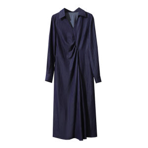 AMII | V-Neck Turn-down Collar Fitting Asymmetric Pleated Dress