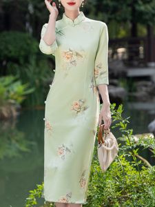 Spring Autumn Green Flower Long Sleeveless Evening Dress Velvet Material Qipao Style Daily Wear Low Slit Chinese Made Breathable
