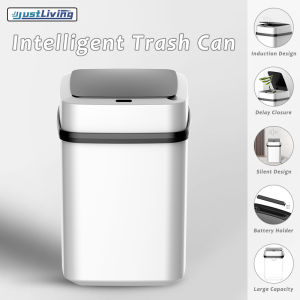 JustLiving 13/15L Bathroom Trash Cans with Lid Touchless Automatic Motion Sensor Garbage Can Electric Plastic Garbage Bin Motion Sensor Trash Can for Living Room/ Bedroom/ Office/ Kitchen