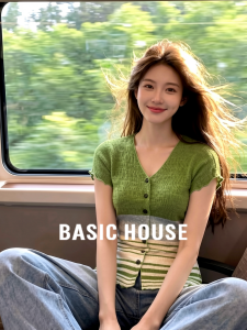 Basic House | Green Stripe Waist Cinching Short Sleeve Knit V-Neck Shirt Female