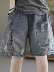 Retro Artistic Summer New Embroidered Five-Point Loose Womens Jeans Health Ring Fashionable Casual Comfortable Denim Pants