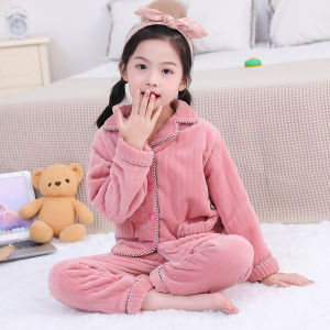 ชุดนอนเด็กผ้าฟลานเนลขนแกะบุขนแกะหนาสำหรับฤดูใบไม้ร่วงและฤดูหนาว เสื้อผ้าเด็กชายและเด็กหญิงสำหรับใส่อยู่บ้าน
