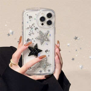 CrashStar 3D Glitter Star Silicone Soft Shockproof Phone Case For iPhone 15 14 Pro Max Plus 13 Pro Max 12 Pro Max 11 Fashion Transparent Phone Casing Cover With Full Cover Lens Camera Protection Hot Sale