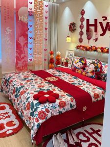 Bộ Đồ Chăn Ga Gối Cao Cấp Bông Dài Màu Đỏ Cưới Hỏi 4 Món