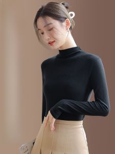 MiiOW | Black Wool Long Sleeve Base Shirt Womens Autumn Winter Style Half High Collar Slim Fit Top Inner Wear Outer Wear Commute Style