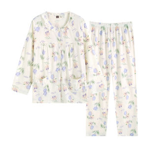 Lightweight Long Sleeve Pure Cotton Sleepwear Set for Mom Summer Air Conditioned Room Floral Print Sweet Style Home Clothes