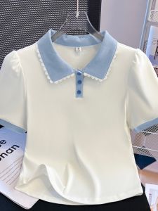 Slim Fit Short Sleeve T Shirt Women Summer New Style Shoulder Line Collar Doll Collar Polo Shirt Small Top Color Block