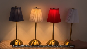 Cordless Rechargeable Table Lamp 3-Color Dimmable – Small Pleated Fabric Shade Touch Night Light for Bedroom Living Room Office Bar Restaurant Home Decor