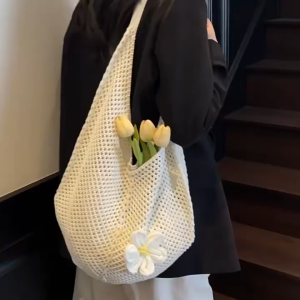 Women Crochet Tote Bag Lazy Style Crocheted Grid Bag Large Capacity Vacation Single Shoulder Bag