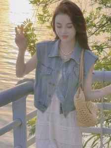 Irregular Shoulder Padless Sleeveless Denim Vest Womens Small Size Spring Autumn High Waist Short Straight Shoulder Vest