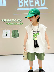 Boys Cartoon Vest Set Summer New Style Children Casual Sleeveless Two-Piece Baby Casual Clothes Trendy Love Expression Scene