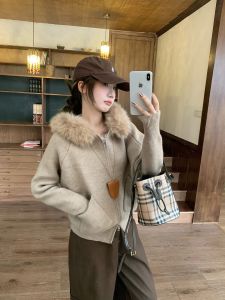 Casual Hooded Sweater Coat With Detachable Fur Collar Flattering Fit
