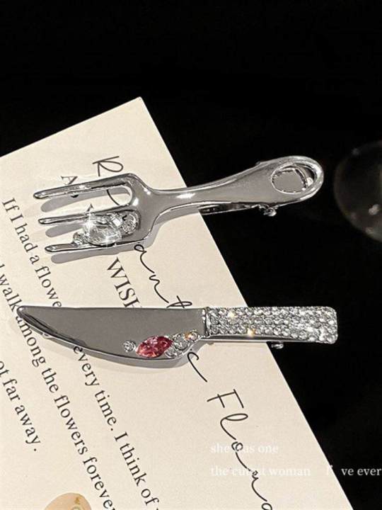 French Liquid Metal Diamond Embedded Hair Accessories Side Duckbill Clip Girl's Hair Decorations Fork And Knife Hair Clips