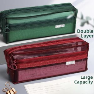 Double Layer Transparent Mesh Pencil Case Large Capacity Stationery Bag Simple Design High Aesthetic Value for Primary And High School Students