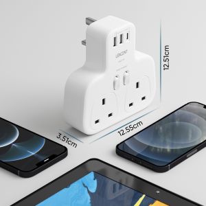 LENCENT 5 in 1 Surge Protector Extension Plug with 1 USB C and 2 USB Ports Individual Switches 2 Way Wall Plug Extender AC adapter Multi Socket Extension Charger Surge Protected Plug Adapter for Household Appliances iPhone Smartphones Tablets 13A 3250W