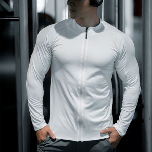 Spring & Fall Outdoor Sports Outwear Men Zipped Stand Collar Tops Stretch Quick-Drying Slim Fit Long Sleeves Running Workout T-shirt