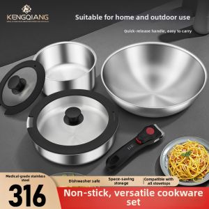 RONGCHUAN | Stainless Steel Non-Coating Removable Handle Frying Pan Set