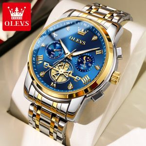 OLEVS official original authentic mens watch 2024 new waterproof luxury brand fashion casual multi-functional diamond sun and moon phase luminous hollow quartz watch stainless steel strap gift for boyfriend