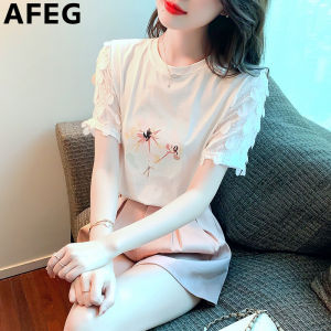 AFEG new Korean version of the round neck fashion casual loose assorted plant print short-sleeved T-shirt