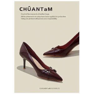 รองเท้าส้นสูงแบบสวมส้นบางสีแดง ทรงหัวแหลม สไตล์ฝรั่งเศส รองเท้าส้นเดี่ยวสำหรับผู้หญิง รองเท้าแฟชั่นฤดูใบไม้ร่วง/ฤดูหนาว