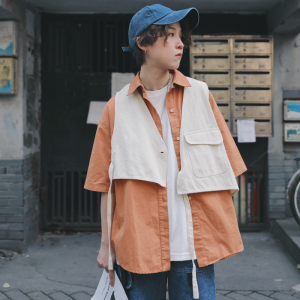 Loose Fit Mens Short Sleeve Shirt Summer Trendy Brand Ins Solid Color Five-Quarter Sleeve Workwear Patchwork Shirt