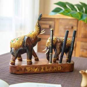Elephant Decorative Ornaments Carved Wooden Pen Box Stationery Box Elephant Pen Holder Retro Pen Holder Desktop Decoration Pen Holder